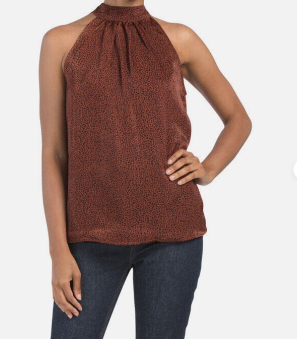 LIVERPOOL Animal Print Tie Bow Back Halter Tank Blouse in Brown Leopard // XS